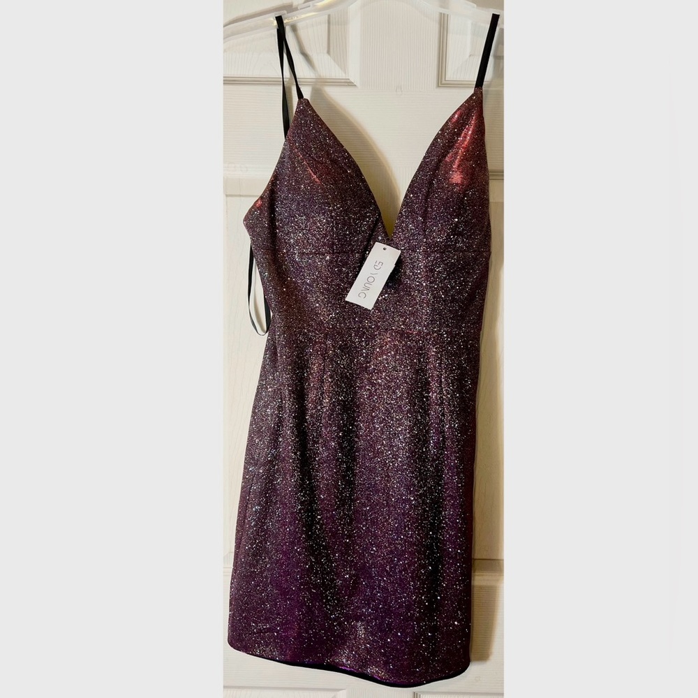 ed young glitter metallic mini dress Sz:M purple, spaghetti straps, v-neck